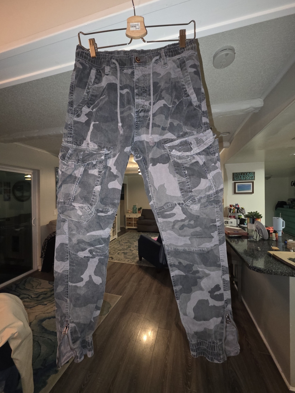 Men's Gray Camouflage Cargo Pants with Drawstring Waist